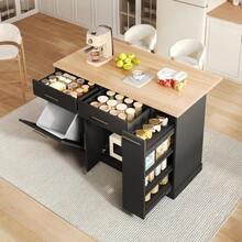 Kitchen Island On Casters With Fold-Down Worktop, Kitchen Trolley With Waste Bin, 4-Tier Spice Rack, 2 Drawers And Lockable Casters, 120 * 45 (70) * 93 Cm - Black - View 3
