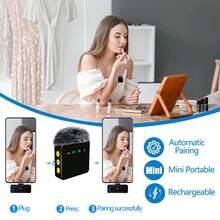 Professional Wireless Lavalier Microphone, Compatible With Smart Devices, Ultra-Mini Portable Clip-On Noise Canceling Microphone, Plug And Play Wireless Audio Device, Suitable For Interviews, Podcast Recording, Live Streaming, Vlog (160mAh Rechargeable Battery) - View 3