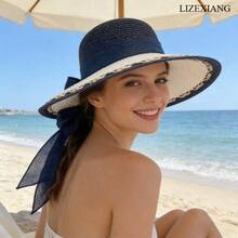 Stylish Straw Hat With Bowknot,Hats For Women,Beach Hats For Women,Elegant Women's Sun Hat, Beach Sun Protection Hat, UV Protection Hat - 藏蓝色 - 查看 7