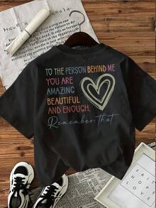 [Double-Sided, Front And Back Print] Short-Sleeved T-Shirt With "Heart For The Person Behind Me" Lettering In Cozy Style. - Black - View 3