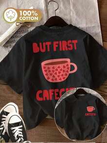 [Double Side Print] Women's Casual Summer Top Vintage Coffee Cup Heart Print "BUT FIRST CAFECITO" Crew Neck Pure Cotton Short Sleeve T-Shirt [LingK] Tee - 黑色 - 查看 7