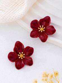 1 Pair Exquisite Multi-Color Dopamine-Inspired Burgundy Flower Stud Earrings, Gift For Friends - Style 2 - View 3