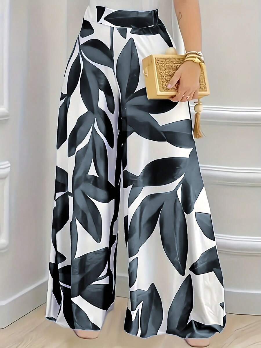 Stylish And Fashionable Printed Wide-Leg Trousers - Graphite Color - View 1