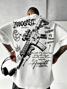 Men's Dark Gun Pattern Print White Casual Street Style Short Sleeve T-Shirt Top - White - View 2