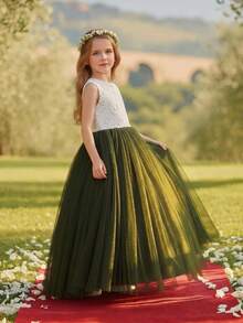 Tween Girl White Lace Patchwork Contrast Color Mesh Sleeveless Dress, Flower Girl Wedding Party Formal Gown - Dark Green - View 6