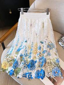 High-Waisted Elastic Skirt With Embroidered Lace And Water-Soluble Print - 藍色 - 查看 12