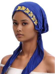 1pc Crinkle Solid Color Turban Hijab With Gold Rhinestone Decor, Stretchy Pre-Tied Head Scarf For Muslim Women, Instant Head Wrap Cap - A - View 19