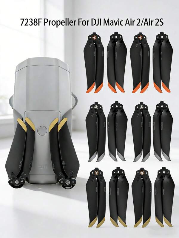 Hélices de repuesto para dron Mavic Air 2/Air 2S 4 piezas 7238F - Hélices plegables de liberación rápida TPU duraderas de bajo ruido y silenciosas, accesorios para dron, tiempo de vuelo y estabilidad mejorados, negro con detalles naranja/dorado