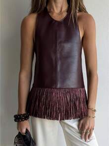 Womens Western Cowgirl Fringe Top Country Concert Outfits Festival Tassel Hem Boho Rodeo Camisole Rave Tank Shirt - Dark Brown - View 1