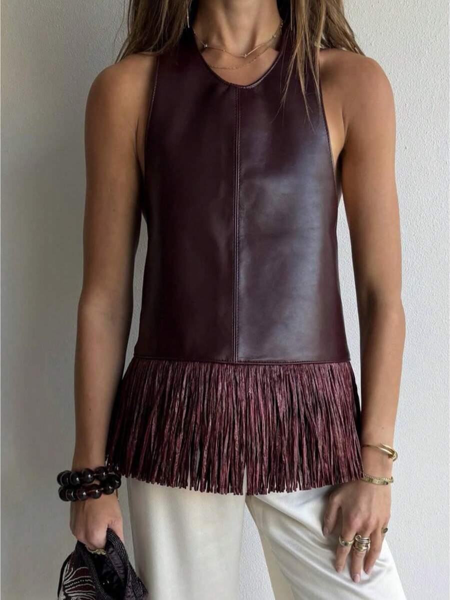 Womens Western Cowgirl Fringe Top Country Concert Outfits Festival Tassel Hem Boho Rodeo Camisole Rave Tank Shirt - Dark Brown - View 1