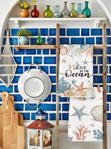 2 buah Handuk Dapur Motif Kerang, Bintang Laut, Karang, dan Mutiara, Tema Laut Cat Air, Handuk Piring untuk Dapur, Handuk Tangan, Handuk Teh, Cocok untuk Dapur Rumah Pertanian, Dalam Ruangan, Mencuci Piring - Blue and White - View 5