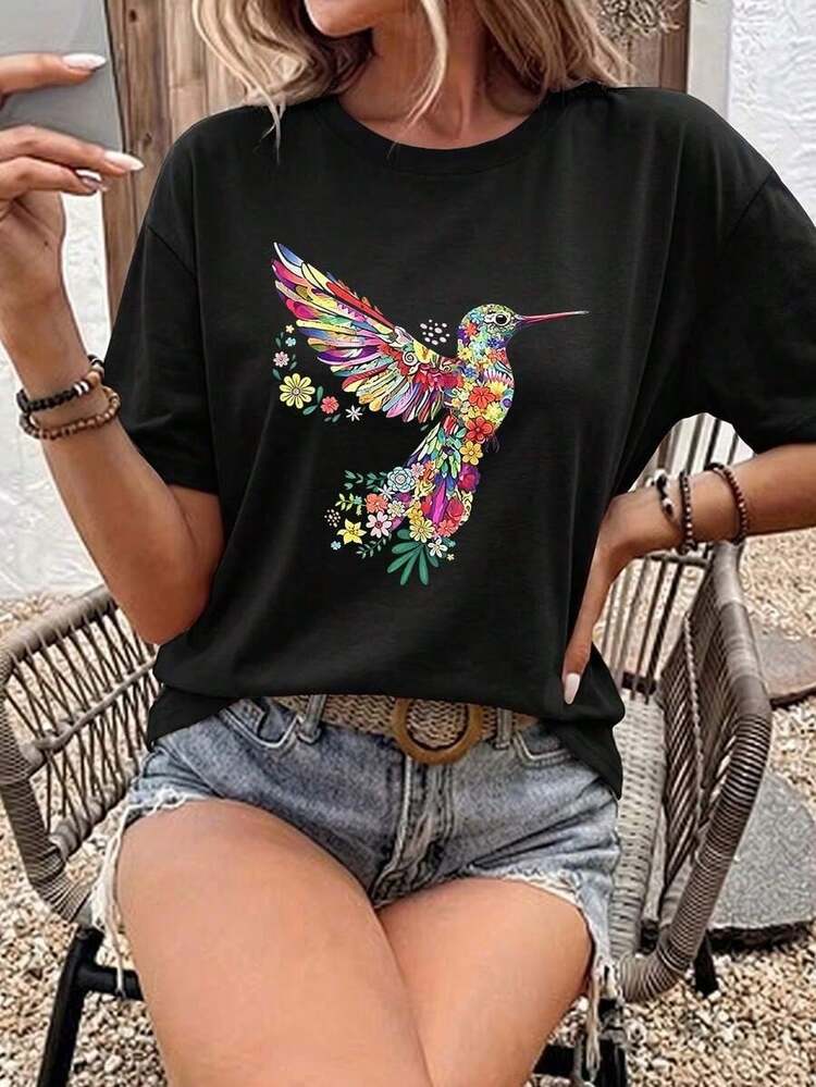 Women's Oversized T-Shirt "Otomi Floral Hummingbird" - Navy Blue With Mexican Print Fashion Retro Short Sleeve Tee - Black - View 1