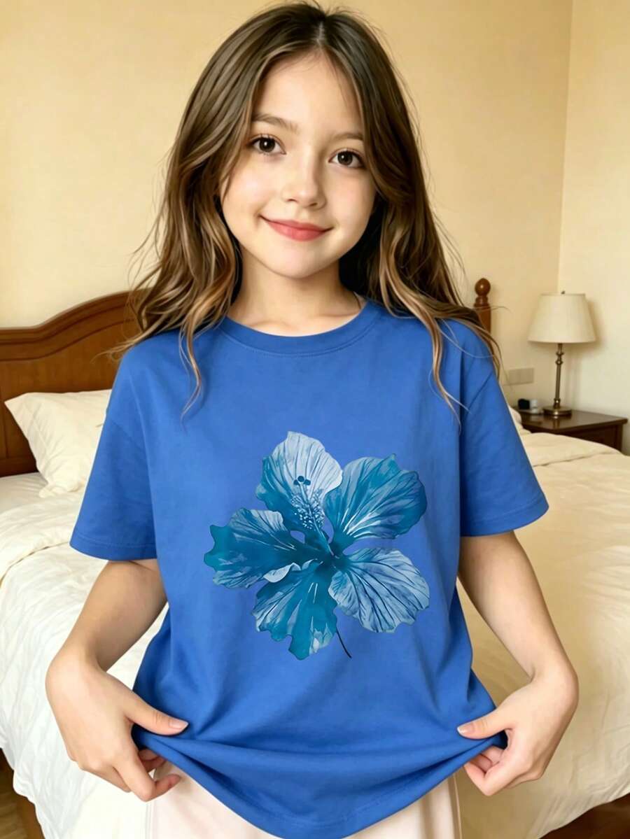 Blue Flower Print Design Printed T-Shirt For Children - Blue - View 1
