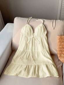Vestido corto casual de mujer con tirantes de espagueti y espalda descubierta de unicolor, para verano - Albaricoque - Ver 4