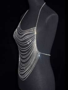 1pc Multi-Layer Horizontal Fringe Shiny Body Chain Bra, Sexy Accessory, Perfect For Bikini, Ideal For Beach Vacation Summer - Silver - View 3