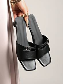 French Retro Open Toe Mule Sandals, Summer Slip-On Sandals, Thick Heel High Heels - Black - View 5