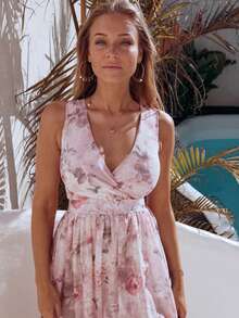 New Printed Dress, Sleeveless V-Neck With Drawstring And Slit - Pink - View 3