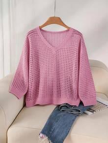 Plus Size Women's Summer Beach Cover-Up - Pink V-Neck Openwork Knit Loose Fit Tunic - Pink - View 2