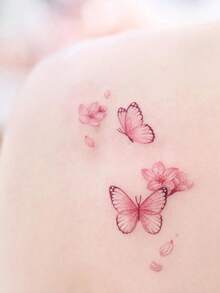 1pc Delicate Pink Butterfly Cherry Blossom Petals Floral Aesthetic Temporary Tattoo, A Temporary Tattoo With Realistic Tattoo Design Resembling A Butterfly And Cherry Blossom Petals, Suitable For Travel, Music Festivals, Games, Graduation Gifts, And Lasting For 3-5 Days. - Multicolor - View 5