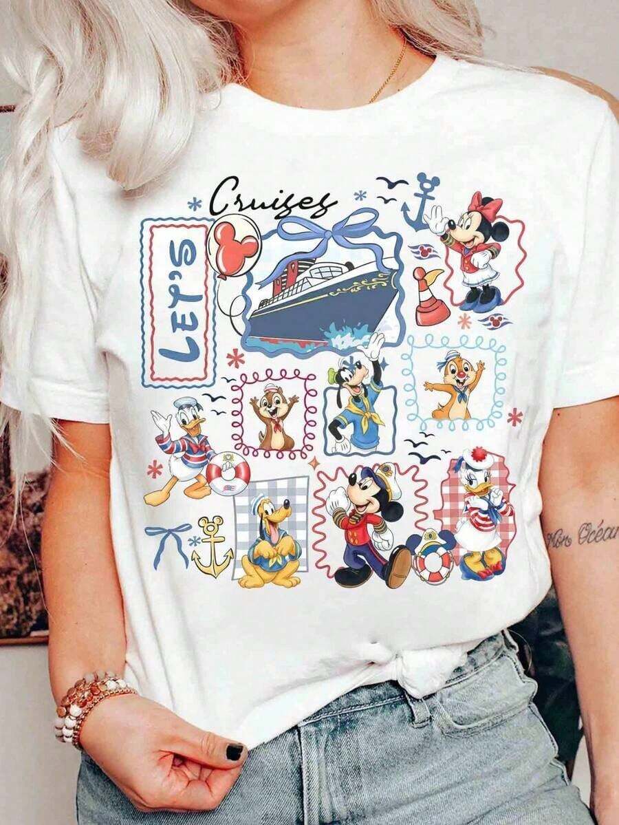 Disney Women's T-Shirt 1PC Licensed "Coquette‑Style Framed Watercolor Nautical Collage Featuring Mickey Minnie Donald Daisy Goofy Pluto Chip Dale & Disney Cruise Ship" Cartoon Printed Oversized T‑Shirt, Short Sleeve Tee For Disney Cruise Vacations & First‑Time Family Trip Gifts. 2026 New Style, Ideal For Family Matching Outfits, Unisex For All Ages. High‑Quality Cotton Fabric, Soft & Breathable. Sweet Bow‑Decorated Grid Design With Checkered Frames, Anchors, Lifebuoys And Star Accents, Perfect Gift For Disney Wish, Treasure, Fantasy Cruise‑Line Family Travel. - White - View 1