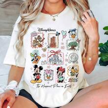 Disney Women's T-Shirt 1PC Licensed "Vintage Patchwork Stamp‑Style Disney World Landmarks & Mickey Friends" Cartoon Printed Oversized T‑Shirt, Short Sleeve Tee For Disney Travel, Vacations & Theme Parks. 2026 New Style, Ideal For Family Outings & Matching Outfits, Unisex For All Ages. High‑Quality Cotton Fabric, Soft & Breathable. Cute Coquette‑Style Wavy‑Border Character And Landmark Collage Print, Perfect Gift For Florida Disney World Vacation Trips. - trắng - Xem 1