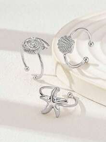 Set Of 3 Summer Beach Rings With Starfish, Shell And Scallop, Women's Jewelry Accessories For Vacation And Travel, Gift - 銀 - 查看 2