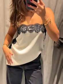 Top tipo camiseta de estilo callejero de moda para mujer, camisola de satén con parches de encaje floral, elegante top sin espalda sin mangas con tirantes finos, camisola sexy con encaje y tela tejida de unicolor para uso diario y salidas de verano - Albaricoque - Ver 3