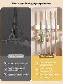 1 Set Dopamine Color Mop Holder, Wall Mounted Mop And Broom Storage Rack, No Drilling Installation, Bathroom Hanger, Multipurpose Hanging Organizer Suitable For Home, Bathroom, Garage - Great For Mops, Brooms And Long-Handle Tools - Durable Plastic Material - Multicolor - View 8