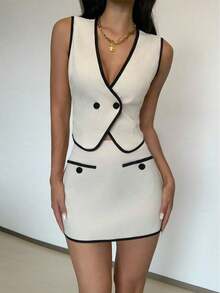 PETITE 2 Piezas Set: Top de chaleco color albaricoque casual y elegante, falda ajustado tejida de cintura alta, conjunto de cumpleaños con lazo en la espalda para mujer, vestido blanco, ropa de mujer, vestidos cortos de mujer, vestidos de verano, vestidos elegantes de mujer - Albaricoque - Ver 5