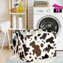 1PC Brown And Black Cowhide-Patterned Rectangular Storage Basket, Foldable Fabric Storage Box With A Western Cowhide Design And Handles, Perfect For Farmhouse, Bedroom, Or Living Room Decor - Brown - View 5