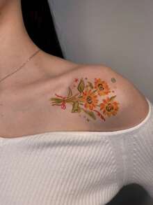 1pc Watercolor Style Sunflower Bouquet Vertical Tattoo Design Temporary Tattoo Sticker - A Realistic Tattoo Design In Watercolor Style, Suitable For Travel, Music Festivals, Games, Graduation Gifts, And It Can Last For 3-5 Days. - Multicolor - View 5