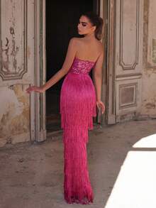 Elegant Solid Color Sequin Strapless Maxi Dress, Multi-Layer Fringe Hem, Luxury Evening Gown Suitable For Galas, Weddings Or Formal Occasions Spring Party - Hot Pink - View 2