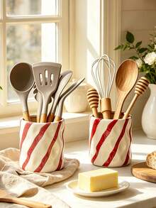1pc Striped Resin Kitchen Utensil Holder, Bright Red/Pink Diagonal Striped Utensil Holder, Decorative Resin Storage Rack For Spoons, Forks, Whisks, Suitable For Kitchen, Restaurant, Lightweight Resin Material, Adds Cheerful Atmosphere To Cooking Space - Slash Polka Dot Storage - View 7