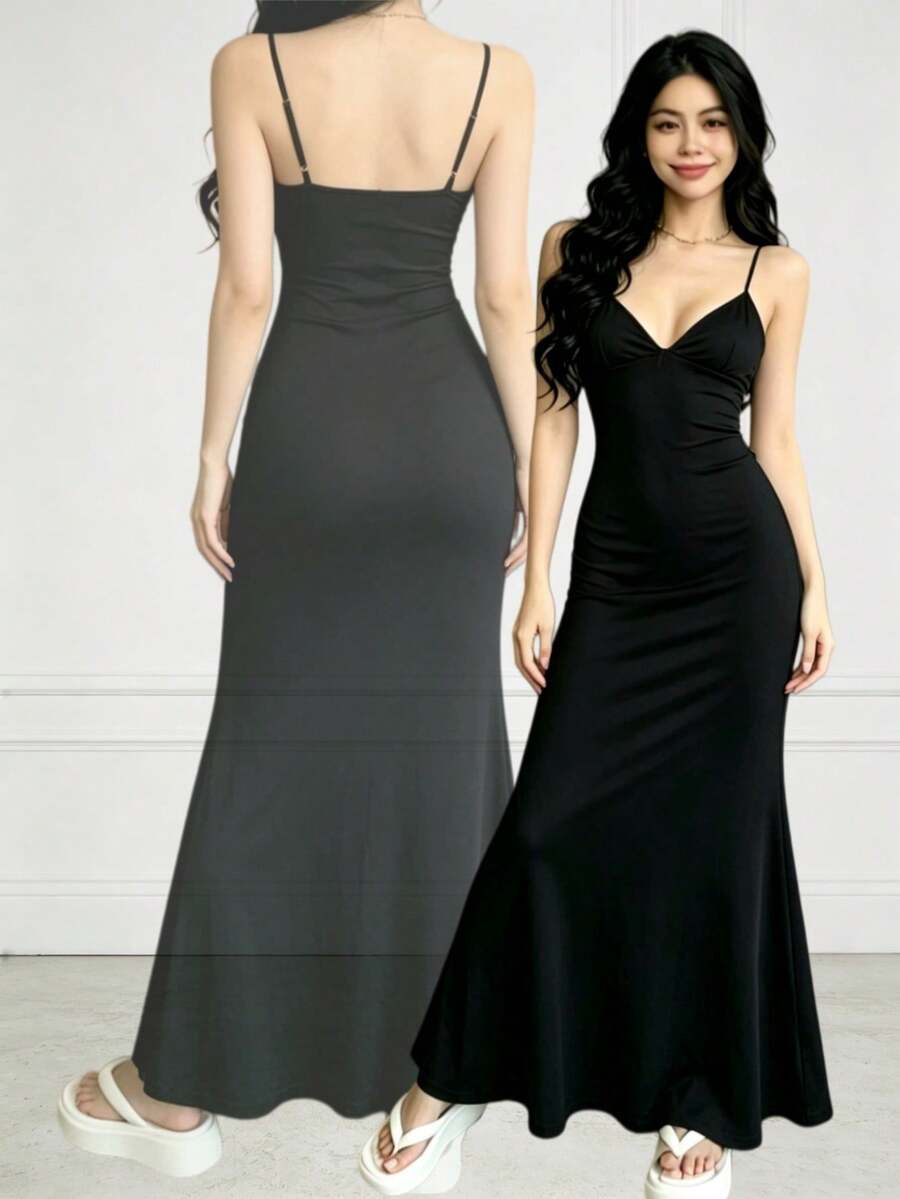 1 pieza Falda de sirena de satén sólido ajustada para mujer, primavera/verano,Vestido de encaje ajustado, elegante y romántico para cita nocturna, Día de San Valentín, con tirantes finos y largo, color rosa, para fiesta de verano,Falda plisada de unicolor con cola de pez para mujer - Negro - Ver 1