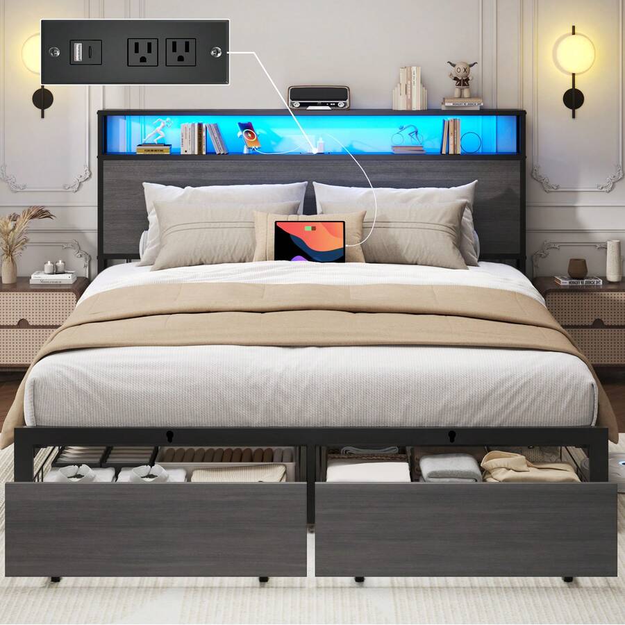 Queen & Full Bed Frame With Storage, 2-Tier Storage Headboard & Built-In Drawers, Metal Platform Bed With USB Charging Station & LED Lights, Noise Free, No Box Spring Needed, Easy Assembly,Rustic Grey - Grey - View 1
