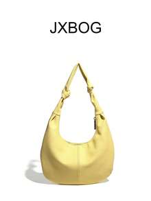 Tas Minimalis Warna Kuning Bentuk Bulan Sabit, Tas Komuter dengan Dekorasi Rivet Emas, Tas Bahu dengan Tali Simpul Rivet Emas, Tas Selempang Kulit Lembut Warna Kuning untuk Perjalanan Sehari-hari - Kuning - View 6