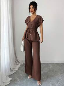 Lily House Women's Autumn/Summer 2-Piece Set, V-Neck Short Sleeve Tie-Front Blouse + High-Waisted Wide-Leg Pants, Elegant Casual, Suitable For Office And Back To School - Brown - View 10