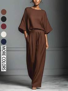 Women's Elegant Bell Sleeve Linen Set, Summer 2026, Casual And Elegant Style, European And American Style, Comfortable And Chic - 棕色 - 查看 10