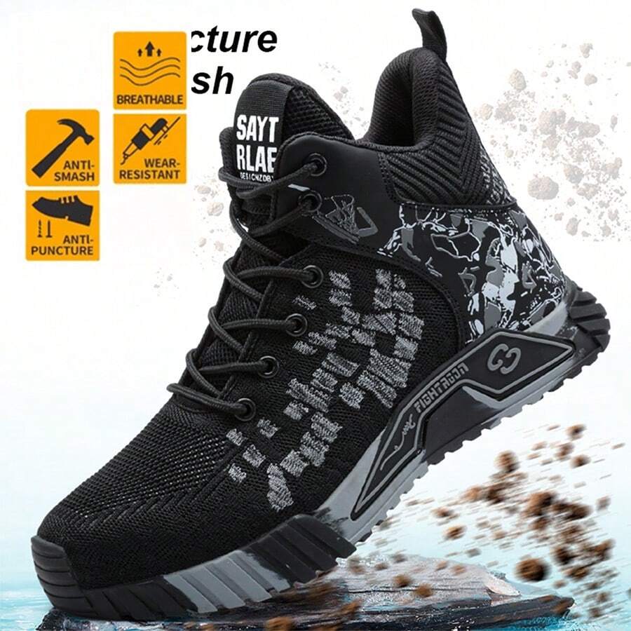 Men's Black High-Top Steel Toe Work Sneakers, Puncture-Proof Safety Shoes With Kevlar Midsole, Breathable Mesh Industrial Work Boots, Anti-Slip Shock Absorption, Wear-Resistant Construction Footwear, Durable All-Day Comfort Safety Shoes For Construction Workers, Warehouse Staff, Factory Workers & Mechanics, ASTM Compliant Protective Work Shoes, Lightweight Indestructible Black Orange Work Footwear For Men - Black - View 1
