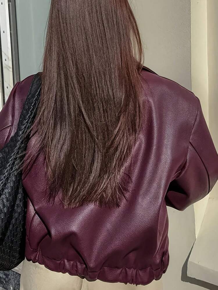 Women's Oversized Faux Leather Bomber Jacket, Collared Zip-Up