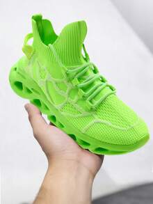 Men's Green Knit Sock Sneakers, Breathable Patterned Athletic Shoes With Non-Slip Wave Sole For Running, Hiking & Daily Wear - Fluorescent Green - View 5