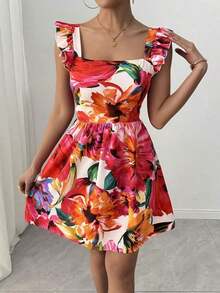 Vestido con mangas cortas de estilo boho con estampado aleatorio para vacaciones y atuendo de playa - Multicolor - Ver 6