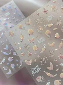 1张梦幻美人鱼美甲贴纸，精致的水母、海星和尾巴图案，搭配草书“梦幻水母”字样，时尚自粘贴纸，打造清新甜美的美甲造型 - 彩色 - 查看 4