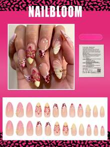 24pcs Almond Color Press-On Nails, Summer Pink 3D Flower Shell Texture With Gold Bead Decor And Polka Dot Gradient French Pointed Nails, Suitable For Artificial Nail Set, Ideal For Women And Girls For Spring Daily Work, Study And Party Use - Multicolor - View 2