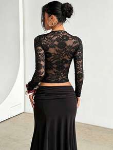 1pc Solid Color Knit Fabric Lace Top, Vacation Beach Summer - Black - View 5