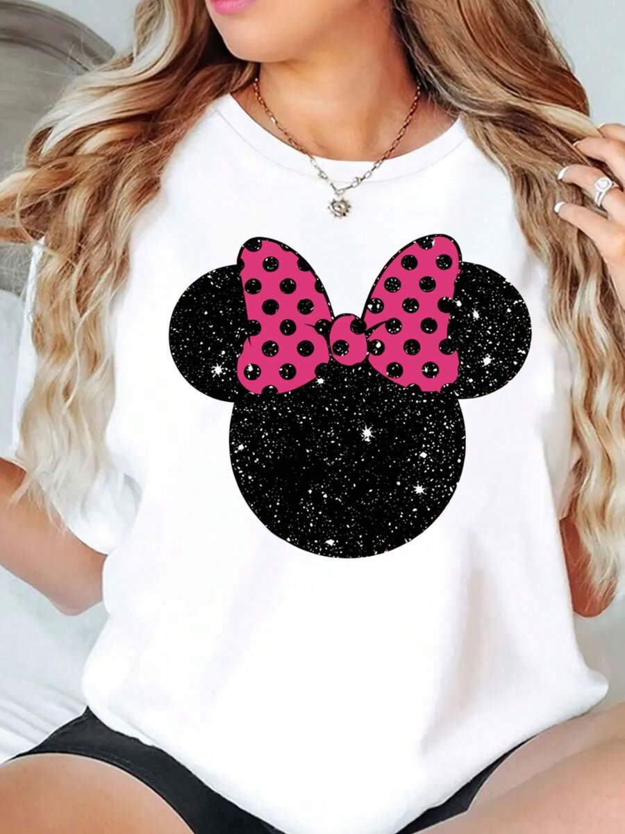 Minnie Mouse Sparkle Bow Print Disney Women T Shirt Round Neck Short Sleeve Casual Everyday Wear Holiday Gift Soft Comfortable 220g - trắng - Xem 1
