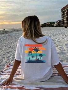 Casual White Cotton T-Shirt With Back Graphic, Matching For Couples, Soft And Comfortable For Beach And Outdoor Activities, Available In Sizes S To -Tee - White - View 3