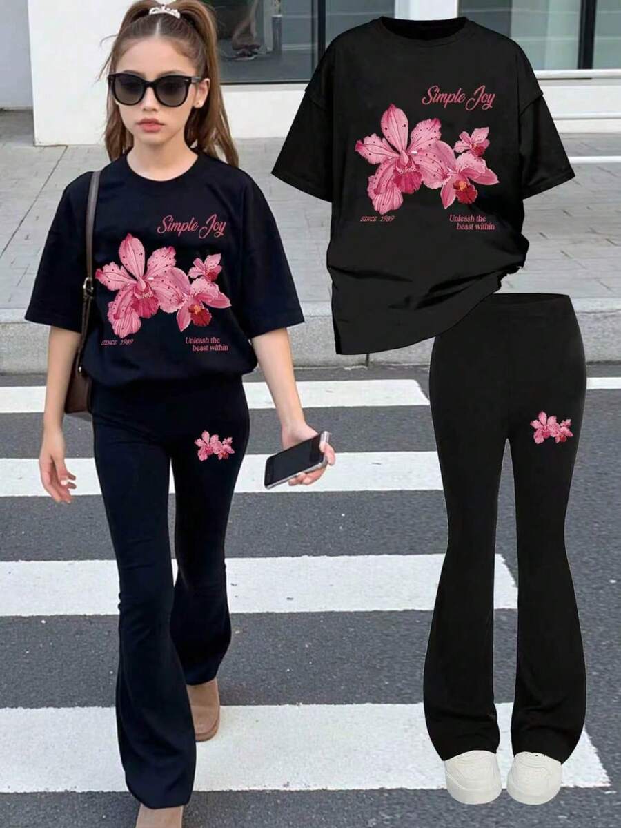 2pcs Girls Casual Happy Print Set, Soft Short Sleeve Top And Flare Pants, Summer Outfit For Girls - Black - View 1