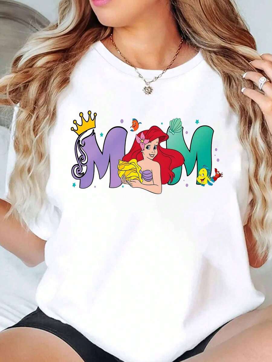 Ariel Princess Mom Print Disney Women T Shirt Round Neck Short Sleeve Casual Summer Wear Mother's Day Gift Soft Comfortable 220g - trắng - Xem 1
