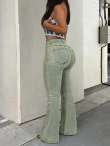 GILIPUR Pantalones vaqueros acampanados de talle alto con estilo Y2K, pantalones casuales elegantes de unicolor y elásticos para mujeres, moda callejera de mezclilla marrón para primavera - Verde - Ver 2